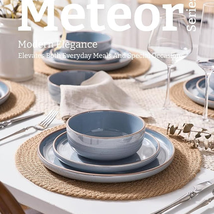 Famiware Meteor Plates and Bowls Sets for 4, 12 Pieces Dinnerware Sets, Microwave and Dishwasher Safe Dishes Set, Blue Gray