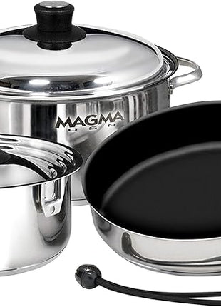 Magma 7 Piece Gourmet Nesting Stainless Steel Cookware Set with Ceramica Non-Stick, Induction Compatible, Oven Safe to 500°F - Suitable for All Stovetops, Removable Handles, Stainless Steel