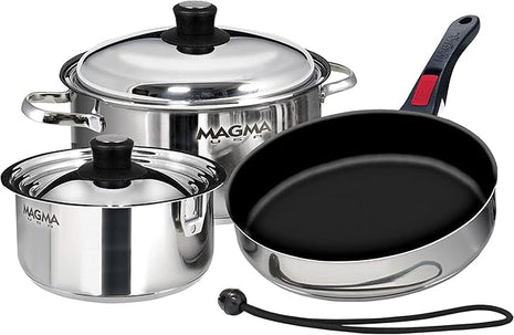 Magma 7 Piece Gourmet Nesting Stainless Steel Cookware Set with Ceramica Non-Stick, Induction Compatible, Oven Safe to 500°F - Suitable for All Stovetops, Removable Handles, Stainless Steel