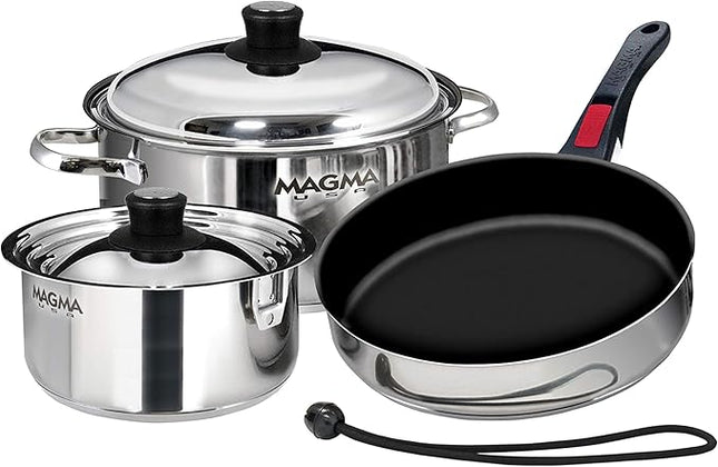 Magma 7 Piece Gourmet Nesting Stainless Steel Cookware Set with Ceramica Non-Stick, Induction Compatible, Oven Safe to 500°F - Suitable for All Stovetops, Removable Handles, Stainless Steel