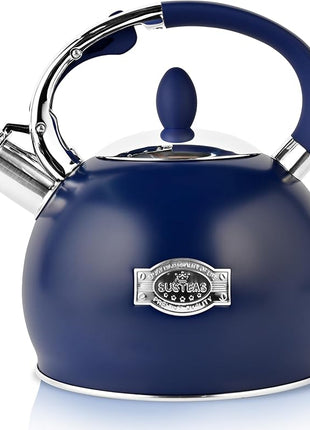 SUSTEAS Stove Top Whistling Tea Kettle - Food Grade Stainless Steel Teakettle Teapot with Cool Touch Ergonomic Handle, With 1 Silicone Pinch Mitt Included, 2.64 Quart,NAVY BLUE