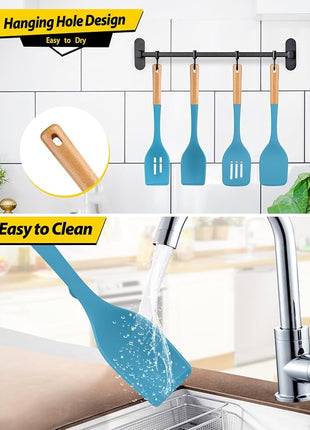 Pack of 4 Silicone Kitchen Utensils Set, Non Stick Solid Spatulas and Heat Resistant Slotted Spoons with Wooden Handle, Ideal BPA Free Cooking Utensils for Mixing,Serving,Turning,Stirring(BLUE)