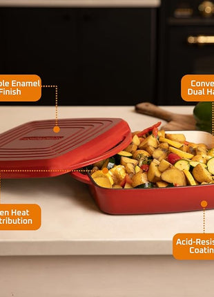 Bruntmor 2-in-1 Square Enameled Cast Iron Dutch Oven Baking Pan and Gridle Lid with Dual Handles, Cast Iron Skillet lid, Coating Gridle for Baking, Bacon,Steaks - Red