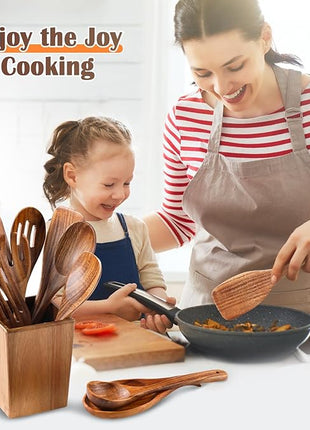 Wooden Spoons for Cooking, 11 Pcs Wood Cooking Utensils Set with Holder, Natural Acacia Wooden Kitchen Tools, Nonstick Cookware, Easy Clean, Kitchen Utensil Set for Mom, Wife Cooking Gifts