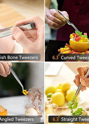 JETKONG 6 Pcs Cooking Tweezer Tongs, 12'' and 6.3" Stainless Steel Kitchen Tweezer Set, Professional Chef Tweezers for Cooking, Repairing, Sea Food, BBQ, Multi-use