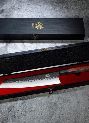MITSUMOTO SAKARI Kiritsuke Chef Knife 9 inch - Hand Forged Japanese Kitchen Knives, 3-Layer 9CR18MOV High Carbon Steel, Rosewood Handle & Sandalwood Box