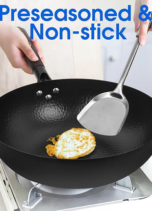 12.5 Inch Carbon Steel Wok For Electric, Induction and Gas Stoves (Lid, Spatula and User Guide Video Included)