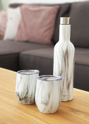 CHILLOUT LIFE 12 oz Stainless Steel Wine Tumblers 2 Pack & 1 Insulated Wine Bottle - Double Wall Vacuum Insulated Wine Glasses Cups with Lids and Straws Set Keeping Cold & Hot Gift Set