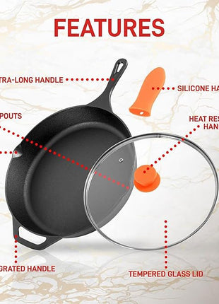 NutriChef 10 Inch Cast Iron Skillet with Lid - Pre-Seasoned Small Fry Pan with Side Drip Spout and Silicone Handle