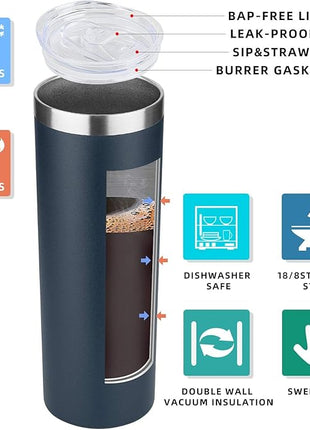 HASLE OUTFITTERS 20 oz Skinny Tumbler, Stainless Steel Insulated Slim Tumbler with Lid, Reusable Double Wall Travel Coffee Mug, Durable Powder Coated Travel Water Cup(Navy, 1)