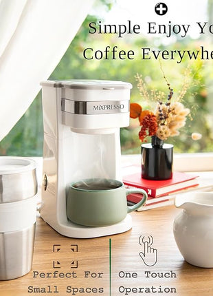 Mixpresso White Personal Single Serve Coffee Maker with 14oz Travel Mug, Drip Small Coffee Maker with Auto Shut Off, Reusable Filter, Works with Ground Coffee Only – Not for K-Cup Pods