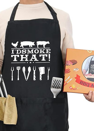 Funny Apron for Dad – I’D Smoke That – Father’s Day BBQ Gift for Men – One Size Fits Most – Black Cooking Apron with 3 Pockets for Husband, Boyfriend