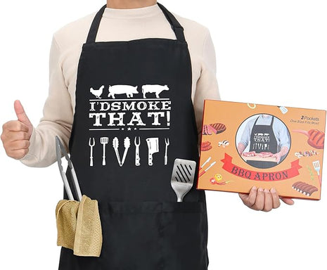 Funny Apron for Dad – I’D Smoke That – Father’s Day BBQ Gift for Men – One Size Fits Most – Black Cooking Apron with 3 Pockets for Husband, Boyfriend