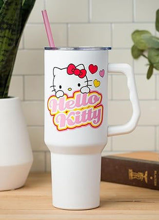 Silver Buffalo Sanrio Hello Kitty Name and Hearts Stainless Steel Tumbler with Handle and Straw, Fits in Standard Cup Holder, 40 Ounces (Pack of 12)