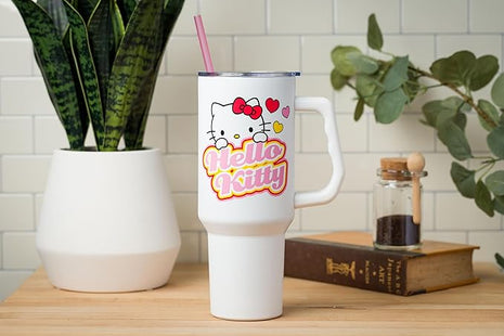 Silver Buffalo Sanrio Hello Kitty Name and Hearts Stainless Steel Tumbler with Handle and Straw, Fits in Standard Cup Holder, 40 Ounces (Pack of 12)