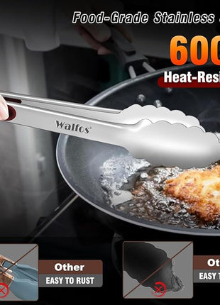 Walfos Stainless Steel Kitchen Tongs - 7, 9 & 12 Inch Heavy Duty Locking Metal Tongs for Cooking, BBQ Grilling, Set of 3 Non-Slip Grip (Wine Red)