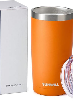 SUNWILL Travel Coffee Tumbler 20 oz, Insulated Mug with Lid, Stainless Steel Cup for Hot and Cold Drinks, Powder Coated Orange