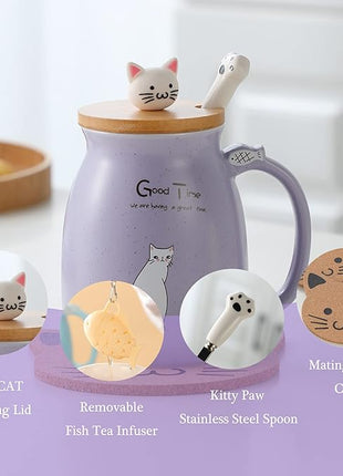 BigNoseDeer Cat Mug Kawaii Tea Cup with Infuser and Lid Purple Cat Ceramic Coffee Mug Cute Cool Preppy Stuff Birthday Gifts for Mom Gifts for Women Girlfriend Girls Cat Lover Gifts(13oz)