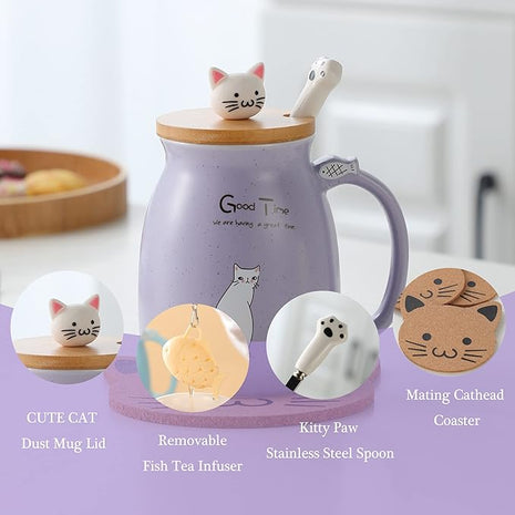 BigNoseDeer Cat Mug Kawaii Tea Cup with Infuser and Lid Purple Cat Ceramic Coffee Mug Cute Cool Preppy Stuff Birthday Gifts for Mom Gifts for Women Girlfriend Girls Cat Lover Gifts(13oz)