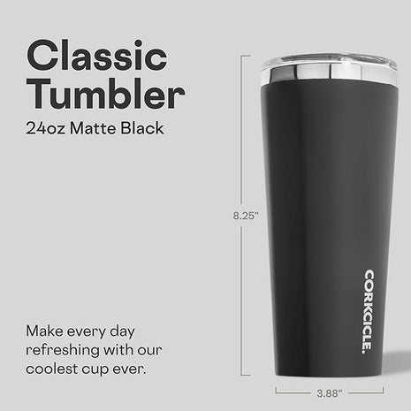 Corkcicle Classic Tumbler - Keeps Drinks Cold for 9 Hours & Hot for 3 - Triple-Insulated Stainless Steel - Holiday Tumbler Gift - 24 oz - Matte Black