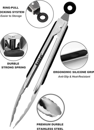 Anaeat Premium Stainless Steel Kitchen Tong Set of 2 - Sturdy Coiled Spring 9" and 12" Locking Food Tong with Non-Slip Silicone Grip for Cooking, Baking, Grilling, BBQ - Heat Resistant up to 480°F