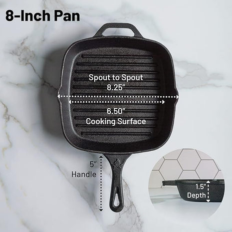 Backcountry Iron 8 Inch Square Grill Pan Medium Pre-Seasoned Cast Iron