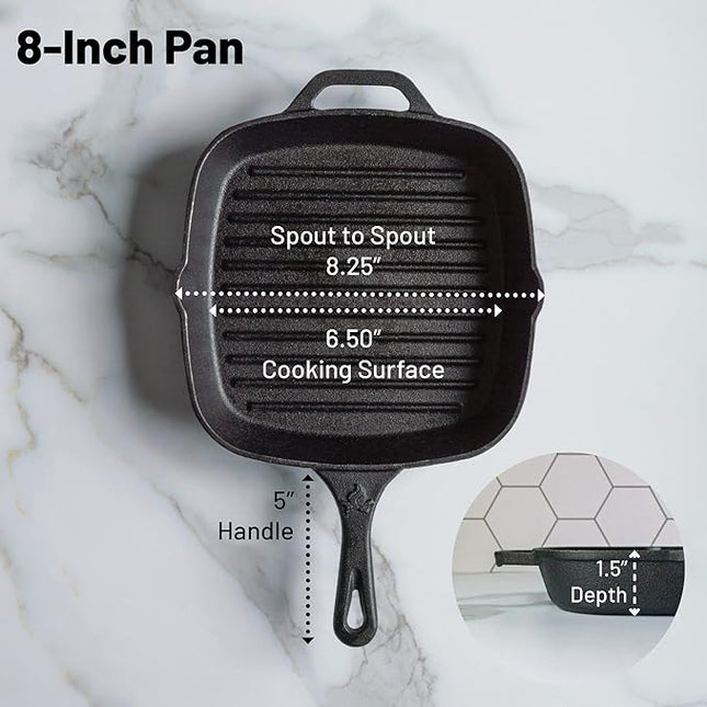 Backcountry Iron 8 Inch Square Grill Pan Medium Pre-Seasoned Cast Iron