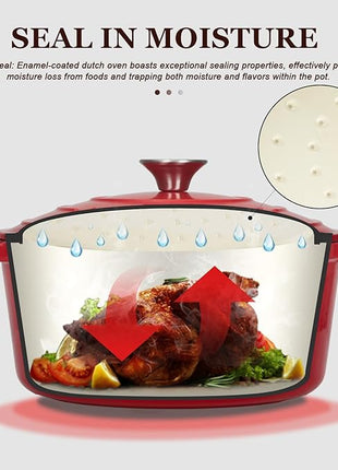Overmont Enameled Cast Iron Dutch Oven - 4.5QT Pot with Lid Cookbook & Cotton Potholders - Heavy-Duty Cookware for Braising, Stews, Roasting, Bread Baking red