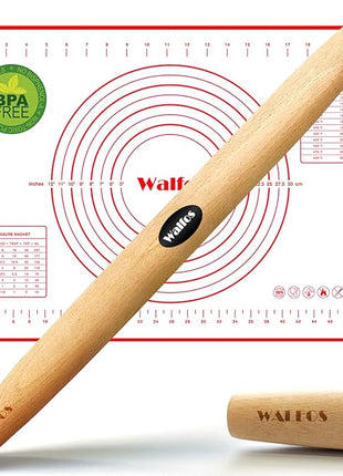 WALFOS French Rolling Pin and Silicone Baking Mat Set, Non-Stick Beech Wood Rolling Pin 17 Inch and Pastry Mat for Best Pie Crust, Cookie, Pasta and Pizza Dough