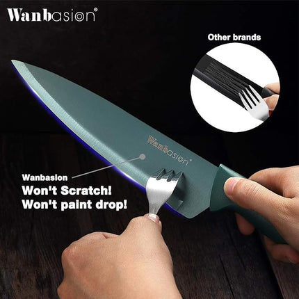 Wanbasion Green Professional Kitchen Knife Set, Stainless Steel, Dishwasher Safe with Sheathes