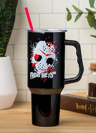 Silver Buffalo Friday The 13th Stainless Steel Tumbler with Handle Featuring Jason Voorhees’s Splatter Mask, Fits in Standard Cup Holder, 40 Ounces