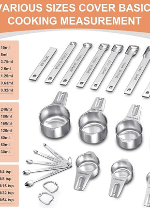 Measuring Cups and Spoons Set of 20, 7 Stainless Steel Nesting Measuring Cups & 7 Spoons, 1 + Leveler & 5 Mini Measuring Spoons for Cooking & Baking