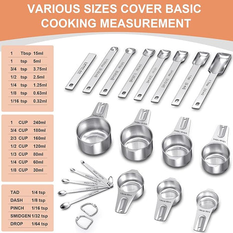 Measuring Cups and Spoons Set of 20, 7 Stainless Steel Nesting Measuring Cups & 7 Spoons, 1 + Leveler & 5 Mini Measuring Spoons for Cooking & Baking