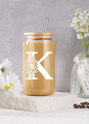 Coolife Initial Glass Cup, Monogrammed Gifts for Women, 16 oz Glass Cups w/Lids Straws, Iced Coffee Smoothie Beer Tumbler w/Straw Lid - Personalized Christmas, Birthday Gifts for Her Mom Friend Woman