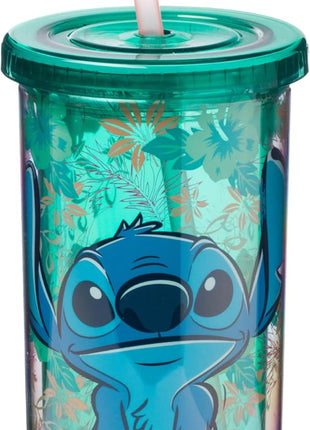 Silver Buffalo Disney Lilo and Stitch Tropical Pattern Plastic Tall Cold Cup with Lid and Straw, 20 Ounces
