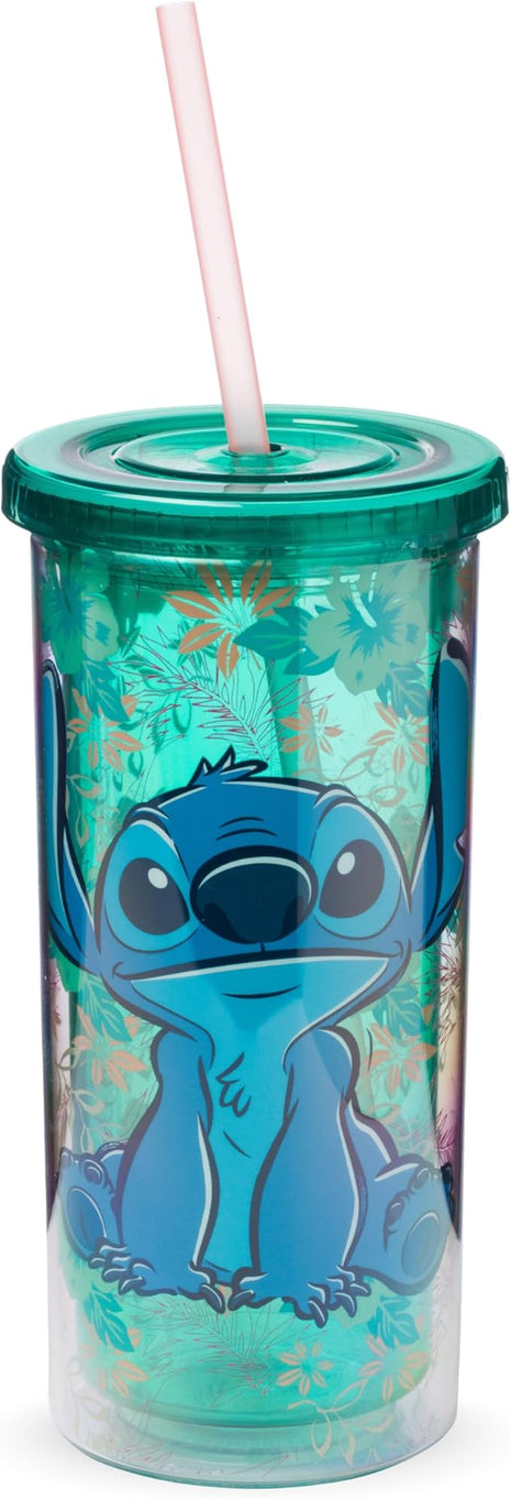 Silver Buffalo Disney Lilo and Stitch Tropical Pattern Plastic Tall Cold Cup with Lid and Straw, 20 Ounces