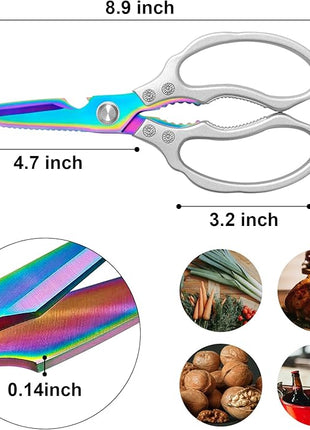 CGBE Kitchen Scissors, Multi-Purpose Kitchen Shears, Heavy Duty Dishwasher Safe Food Scissors for Chicken, Poultry, Fish, Meat & Herbs with Non-Slip Grips - Sliver Colorful