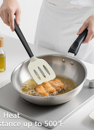 Coukre 3 Pack Silicone Spatula Set, High Heat Resistant, BPA-Free, Fish Spatula, Solid & Slotted Turner for Non-Stick Pans, Flipping Eggs, Pancakes, Fish, Burgers (3, BeigeBlack)