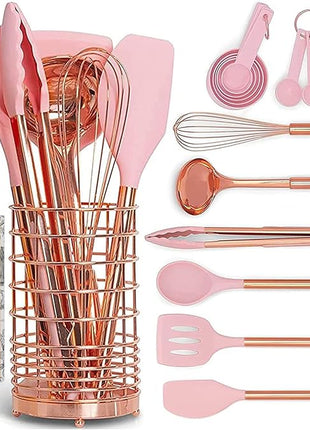 Copper and Pink Kitchen Utensils Set - 17-Piece Silicone Cooking Tools with Copper Utensil Holder and Pink Measuring Cups and Spoons for Baking and Everyday Cooking - Stylish Kitchen Accessories