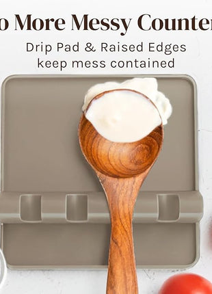 Cream Silicone Spoon Rest for Stove Top with Drip Pad (Two Pack) - Heat-Resistant, BPA-Free Utensil Rest & Spoon Holder for Kitchen Counter - Grill Utensil Holder for Spatulas, Tongs, Ladles