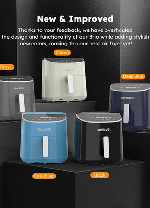Nuwave Brio Plus 8 Qt Air Fryer, PFAS Free, New & Improved, Digital Touch Screen, Cool White Display, 50°F~400°F in Precise 5°, 5 Cook Functions, 100 Presets & 50 Memory, 3 Wattages 700, 1500, 1800