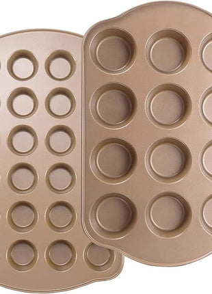 Nonstick Muffin & Cupcake Pan Set (2 Pack) - 12 Cup Regular + 24 Cup Mini Muffin Tins | Heavy Duty Gold Carbon Steel, Rust-Resistant, Easy Release