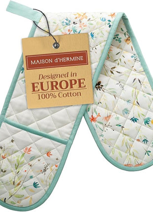 Maison d' Hermine Double Oven Mitts 100% Cotton 7"x35" Double Oven Mitt Heat Resistant BBQ Cooking Gloves with Loop, Baking, Grilling, Home, Kitchen, Handling Hot Pans Spring Summer (Colmar)