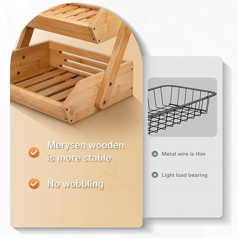 2 Tier Fruit Basket For Kitchen- Bamboo Fruit and Vegetable Storage Bowl Stand For Kitchen Countertop, , Produce Basket Fruit Holder for Potato, Onion, Bread, Snack Storage