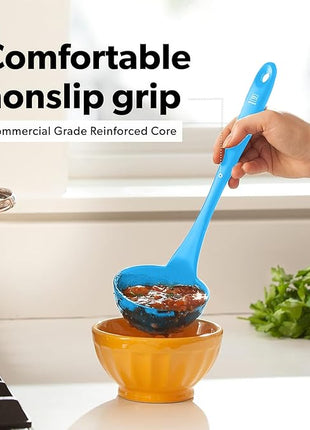 DI ORO Silicone Ladle & Spoons for Cooking – Large Kitchen Spoons for Mixing, Serving, & Stirring - Soup Ladle with Wide Bowl - High Heat Silicone Kitchen Utensils for Nonstick Cookware Safe (Blue)