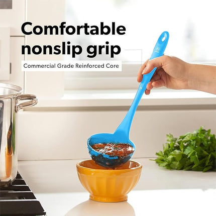 DI ORO Silicone Ladle & Spoons for Cooking – Large Kitchen Spoons for Mixing, Serving, & Stirring - Soup Ladle with Wide Bowl - High Heat Silicone Kitchen Utensils for Nonstick Cookware Safe (Blue)