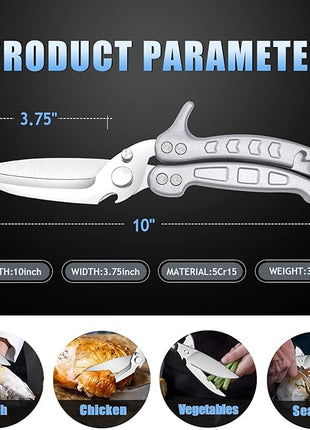 DRAGON RIOT Heavy Duty Poultry Shears - A Must Have Kitchen Shears for Chicken and Meat Cutting - Dishwasher Safe and Stainless Food Kitchen Scissors for Thanksgiving(Silver)
