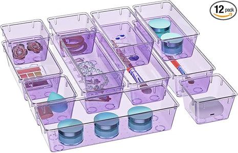 WOWBOX 12 Pack Clear Drawer Organizer Set, Acrylic Drawer Storage Trays, Storage Bins for Makeup, Cosmetics, Jewelries, Utensils, Gadgets, Office, Purple
