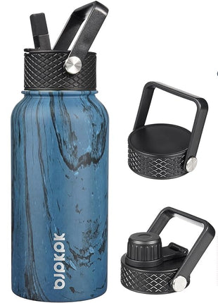 BJPKPK Insulated Water Bottles with Straw Lid, 27oz Stainless Steel Water Bottle with 3 Lids, Leak Proof BPA Free Metal Thermo, Mugs, Tumblers, Keep Cold Hot - Wood Prussian Blue