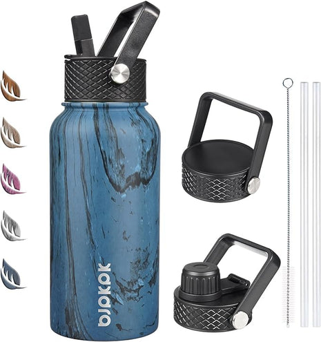 BJPKPK Insulated Water Bottles with Straw Lid, 27oz Stainless Steel Water Bottle with 3 Lids, Leak Proof BPA Free Metal Thermo, Mugs, Tumblers, Keep Cold Hot - Wood Prussian Blue